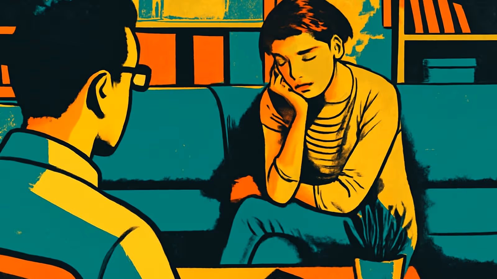 Pop-art illustration of two people on a teal sofa in a room with shelves. One sits in the foreground seen from behind wearing glasses; the other rests a cheek on one hand with eyes closed.