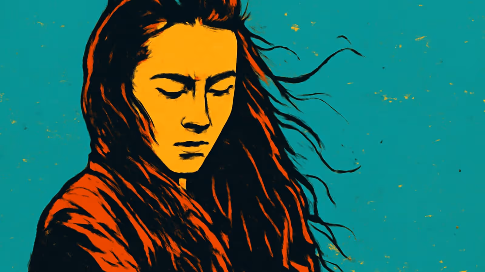 Pop-Art-Illustration einer Frau, die ruhig sitzt und nach unten schaut.