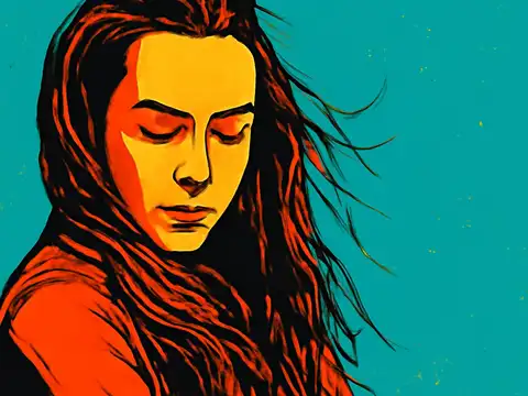 Pop-art illustration of a woman with long hair looking downwards, her face turned slightly away from the viewer.