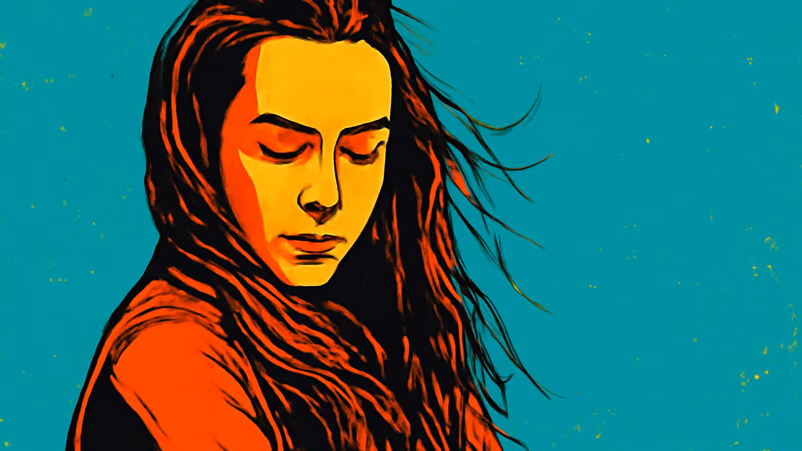 Pop-art illustration of a woman with long hair looking downwards, her face turned slightly away from the viewer.