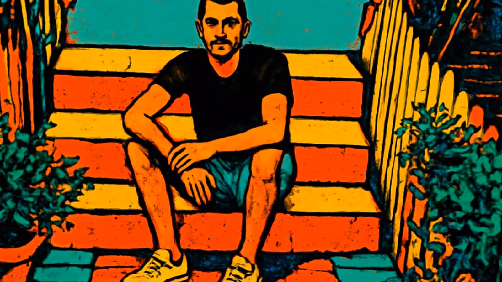 Pop-art illustration of a man sitting on outdoor steps, looking into the distance.