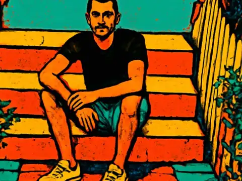 Pop-art illustration of a man sitting on outdoor steps, looking into the distance.