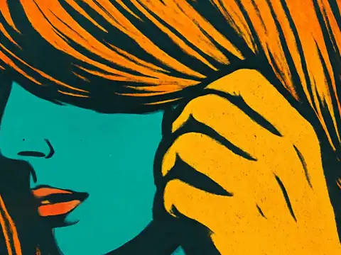 Flat pop-art illustration in orange, teal and yellow. Close view of a face partly hidden by long hair, with one hand raised and a strand of hair wound between the fingers.