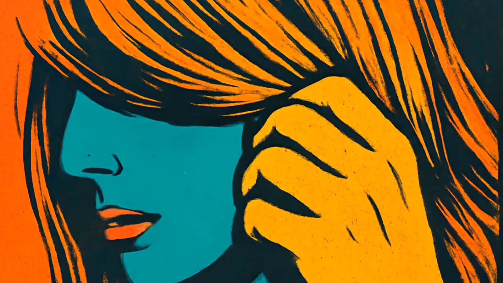 Flat pop-art illustration in orange, teal and yellow. Close view of a face partly hidden by long hair, with one hand raised and a strand of hair wound between the fingers.