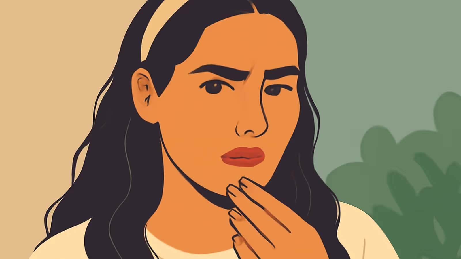 Illustration vectorielle plate d'une femme avec de longs cheveux bruns et un bandeau crème, le front plissé et une main levée vers son menton, sur un fond beige et vert.
