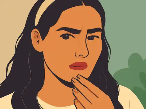Flat vector illustration of a woman with long dark hair and a cream headband, her brow furrowed and one hand raised to her chin, against a tan and green background.