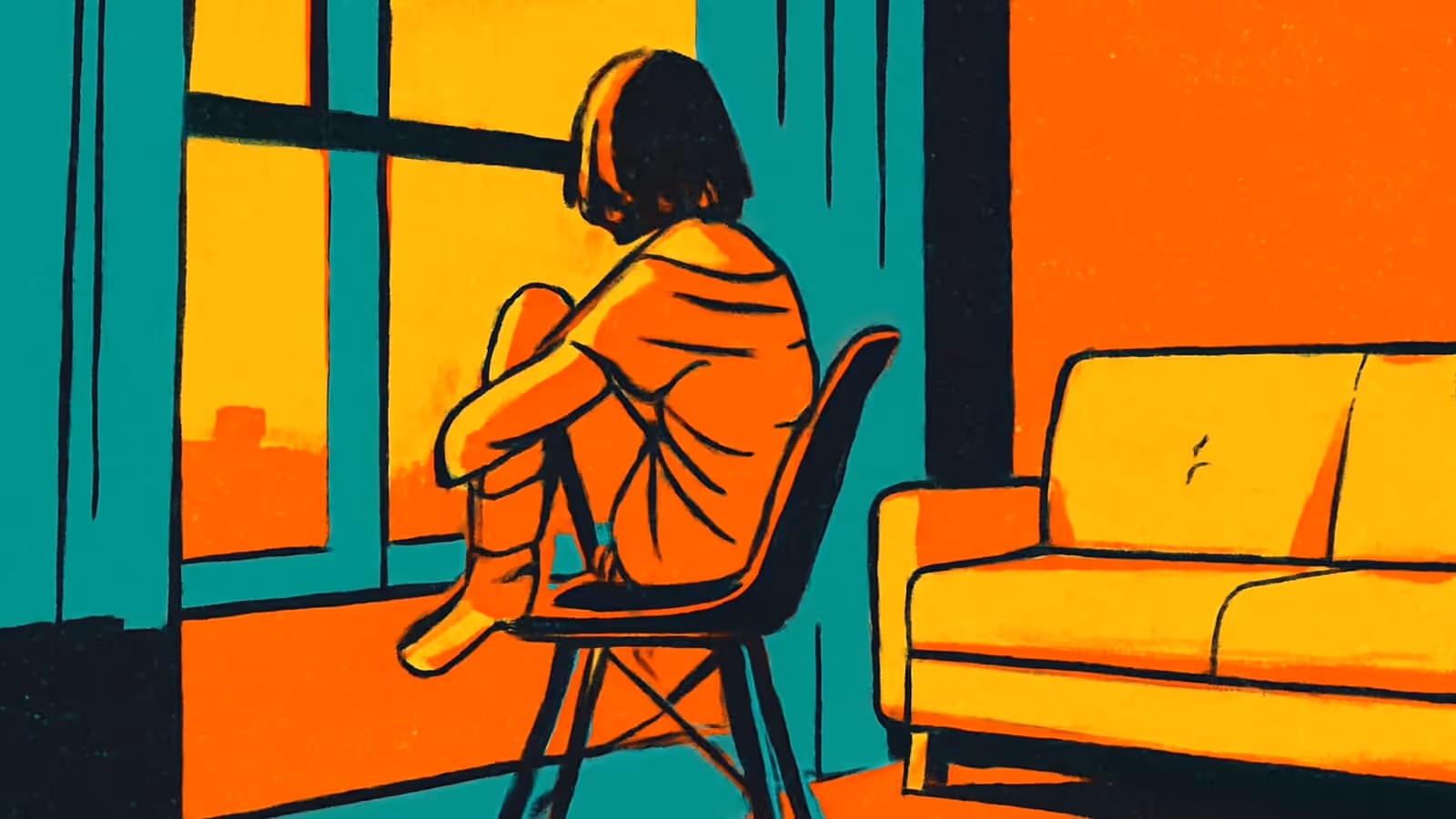 Pop-art illustration of a woman sitting alone on a chair by a window, knees drawn up, looking out at a city skyline, in orange and teal.