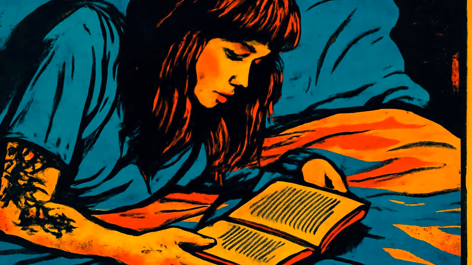 A person with long hair lying on a bed reading an open book, one hand resting flat on the bedding, rendered as a flat orange and teal illustration.