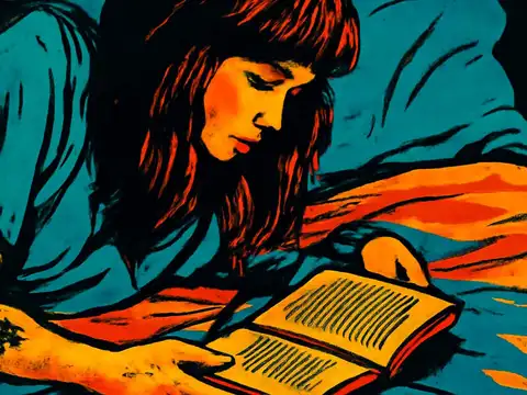 A person with long hair lying on a bed reading an open book, one hand resting flat on the bedding, rendered as a flat orange and teal illustration.