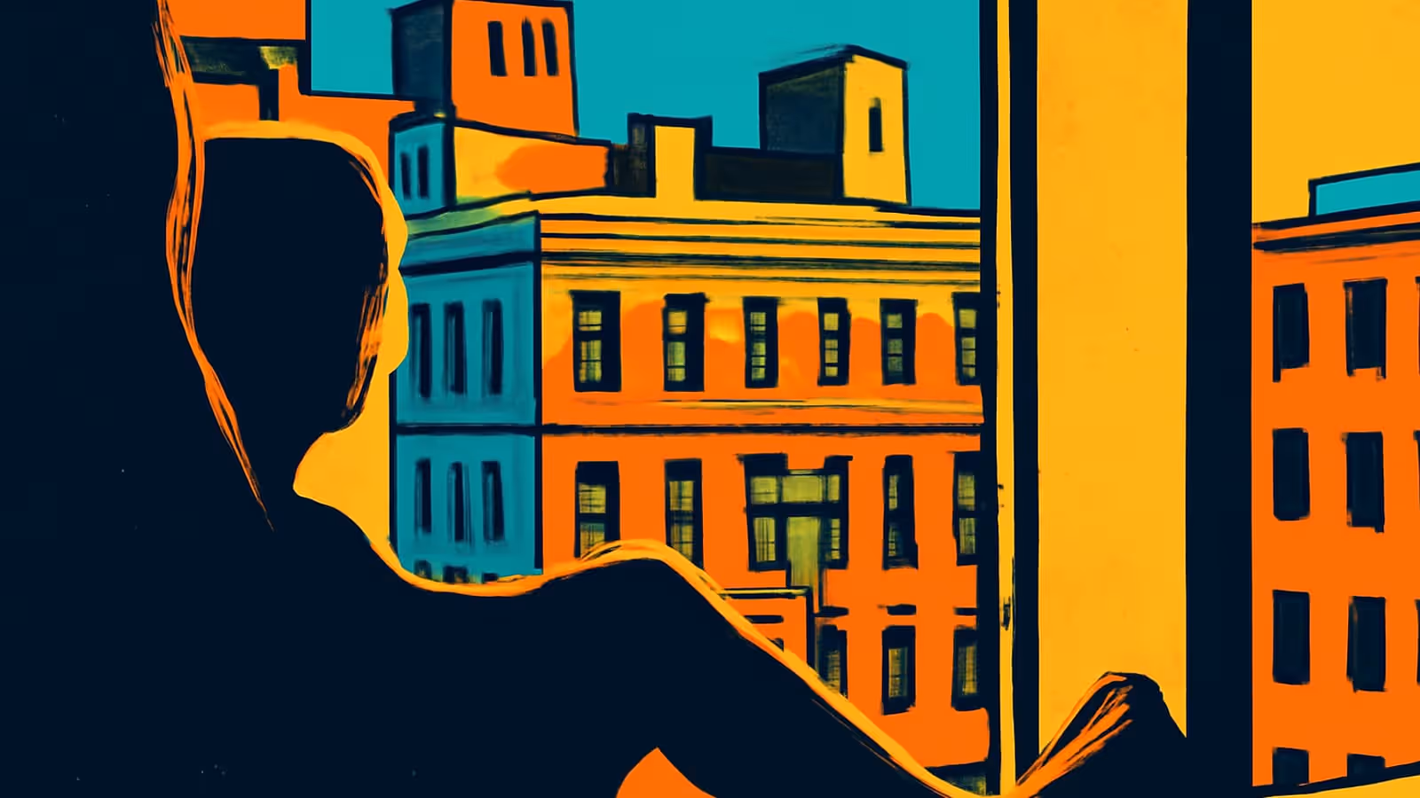Ilustración de pop-art de una persona en silueta mirando por una ventana hacia edificios coloridos de la ciudad bajo un cielo verde azulado.