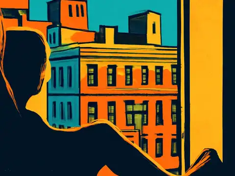 Pop-art illustration of a silhouetted person looking out of a window at colourful city buildings under a teal sky.