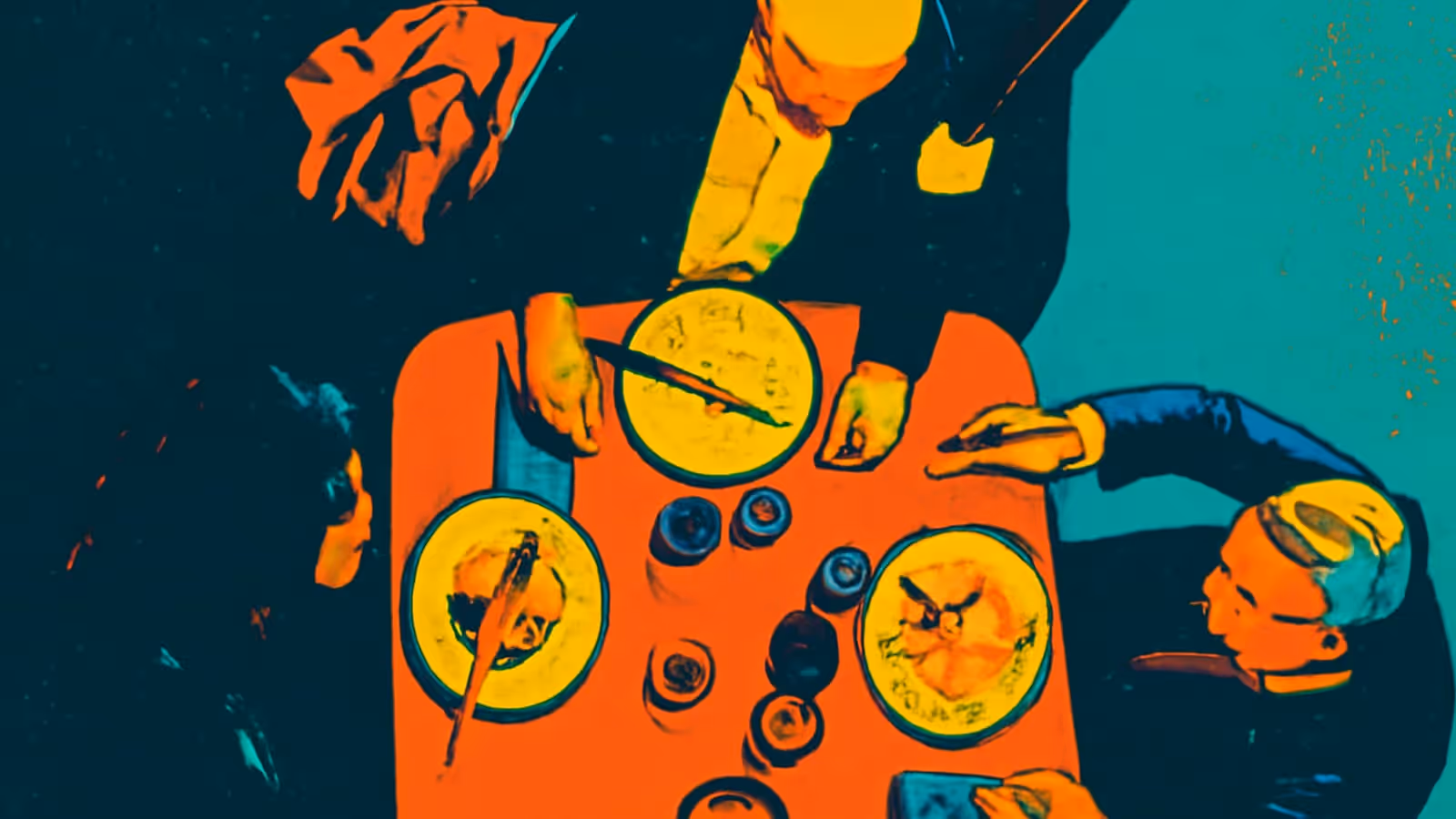A table seen from directly above with three plates of food and several drinks in the middle, and the hands and shoulders of four people around the edge, rendered as a flat orange and teal illustration.