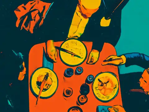 A table seen from directly above with three plates of food and several drinks in the middle, and the hands and shoulders of four people around the edge, rendered as a flat orange and teal illustration.