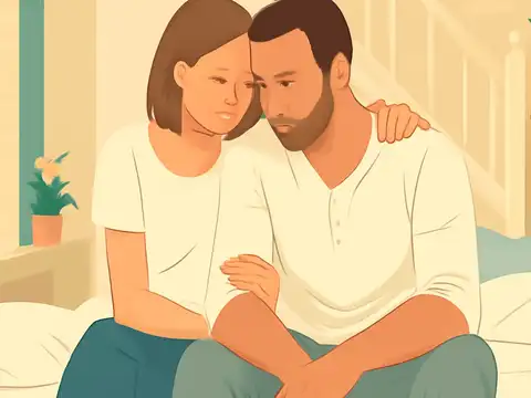Flat vector illustration of a woman resting her head against a man, her hand on his arm, both sitting on a bed looking down.