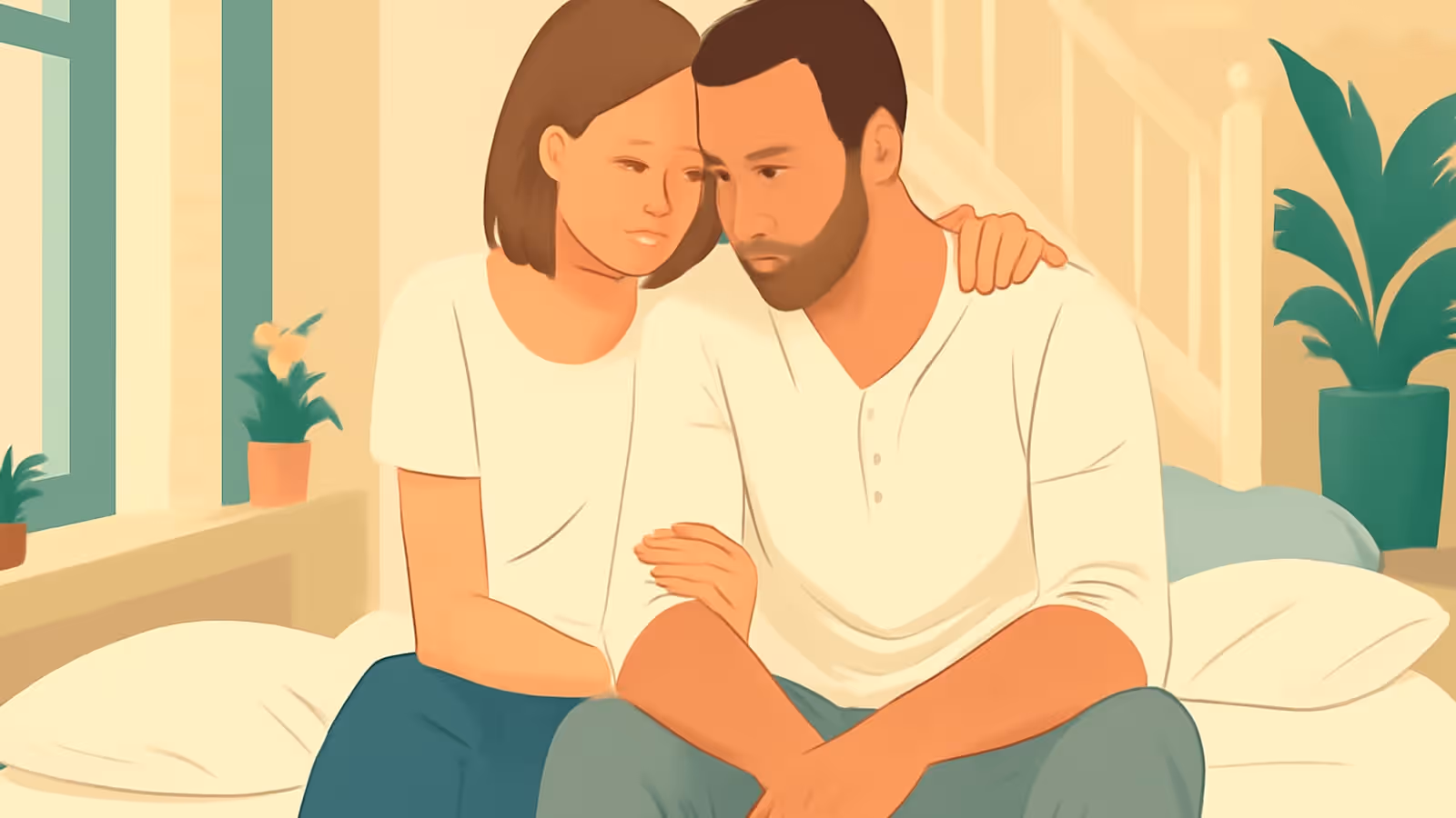 Flat vector illustration of a woman resting her head against a man, her hand on his arm, both sitting on a bed looking down.