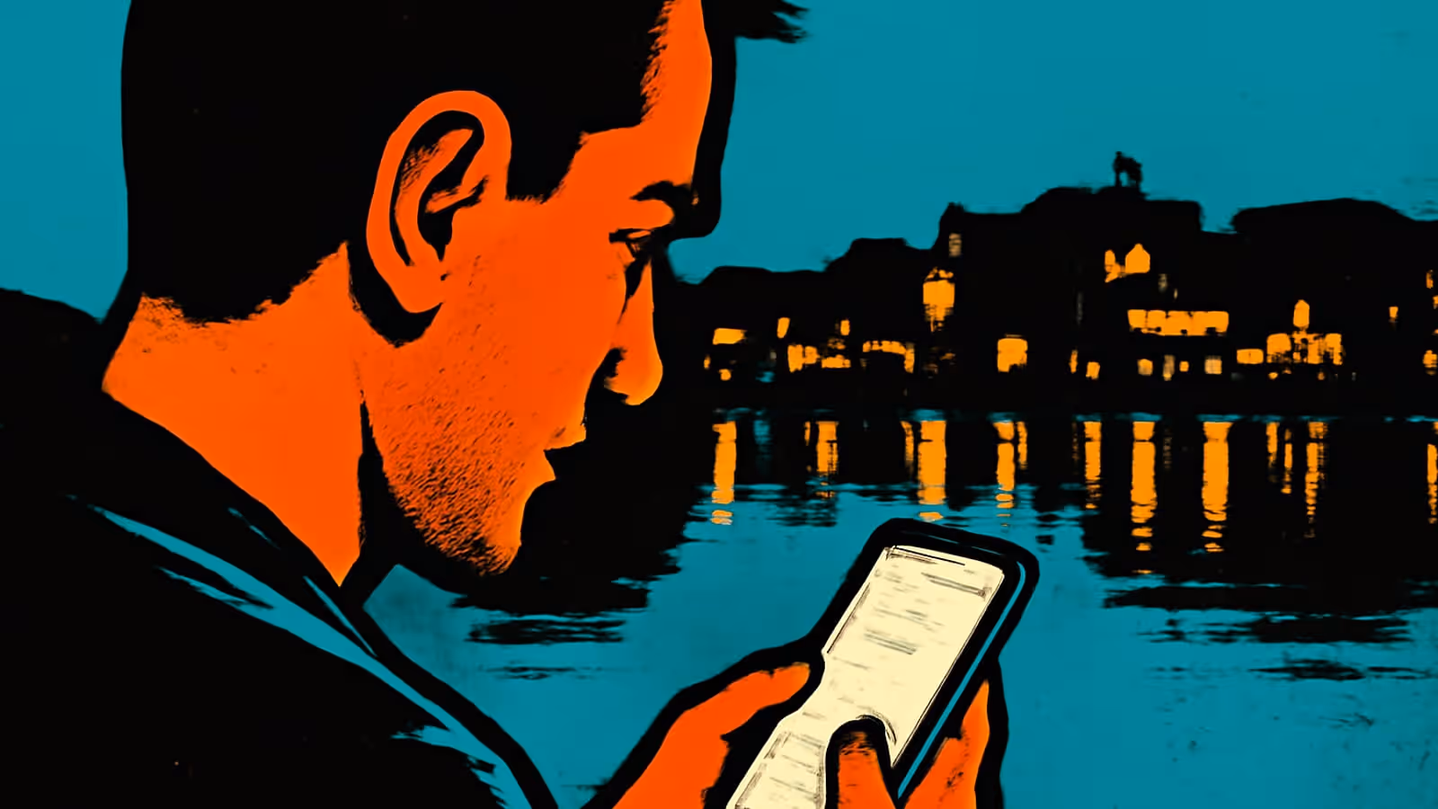 Pop-art illustration of a man in profile looking down at his glowing phone screen at night, a lit city skyline reflected in water behind him.