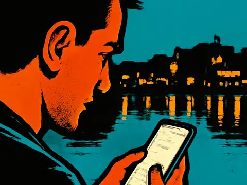 Pop-art illustration of a man in profile looking down at his glowing phone screen at night, a lit city skyline reflected in water behind him.