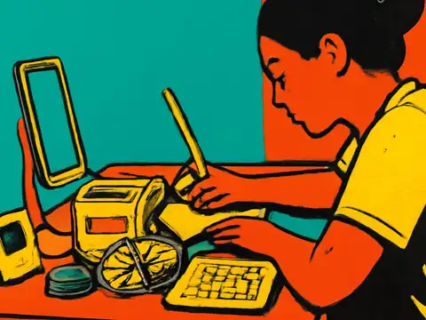 Pop-art illustration of a person sitting at a desk, leaning forward to write, with a screen and several objects in front of them.