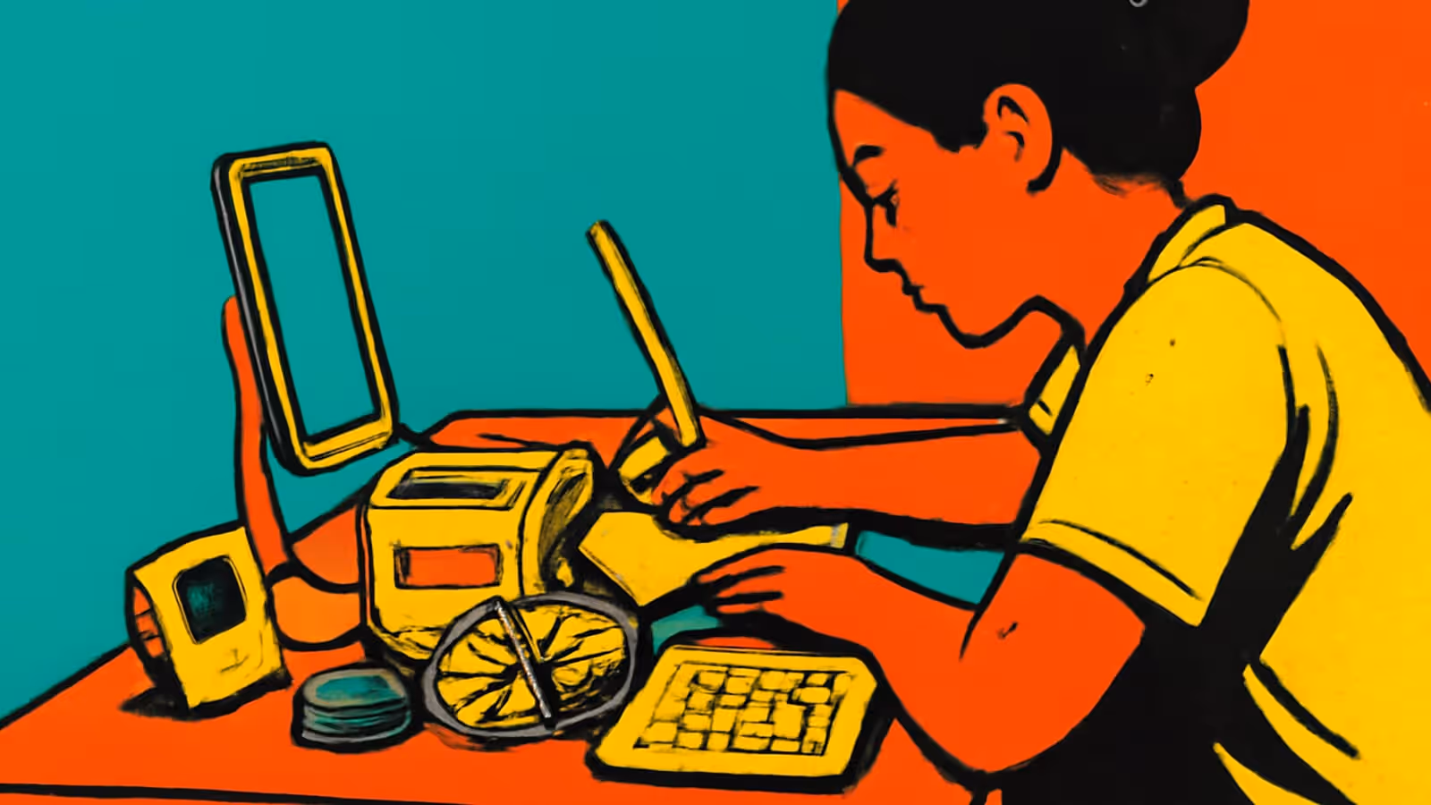 Pop-art illustration of a person sitting at a desk, leaning forward to write, with a screen and several objects in front of them.