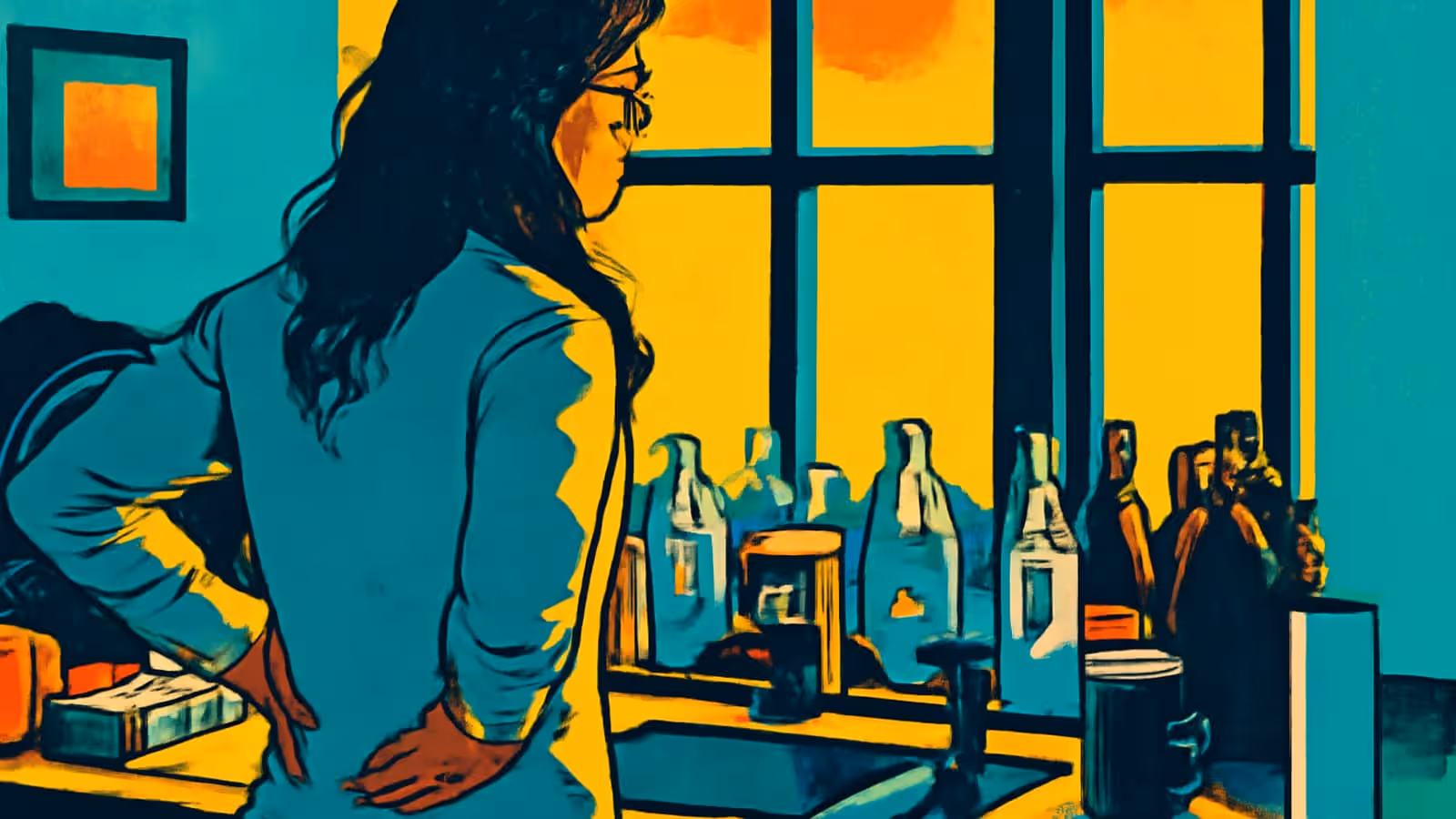 A flat illustration of a person seen from behind at a kitchen counter crowded with bottles and jars, one hand on their hip, a large window in front of them.