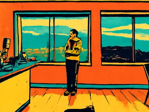 Pop-art illustration of a man standing alone in a large room with a wall of windows.