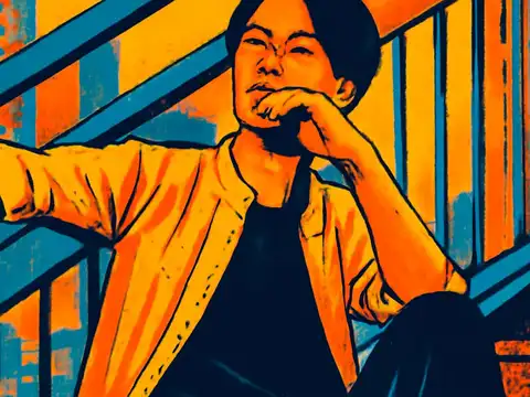 Pop-art illustration of a person sitting on outdoor steps beside a metal railing with one hand raised to their mouth.