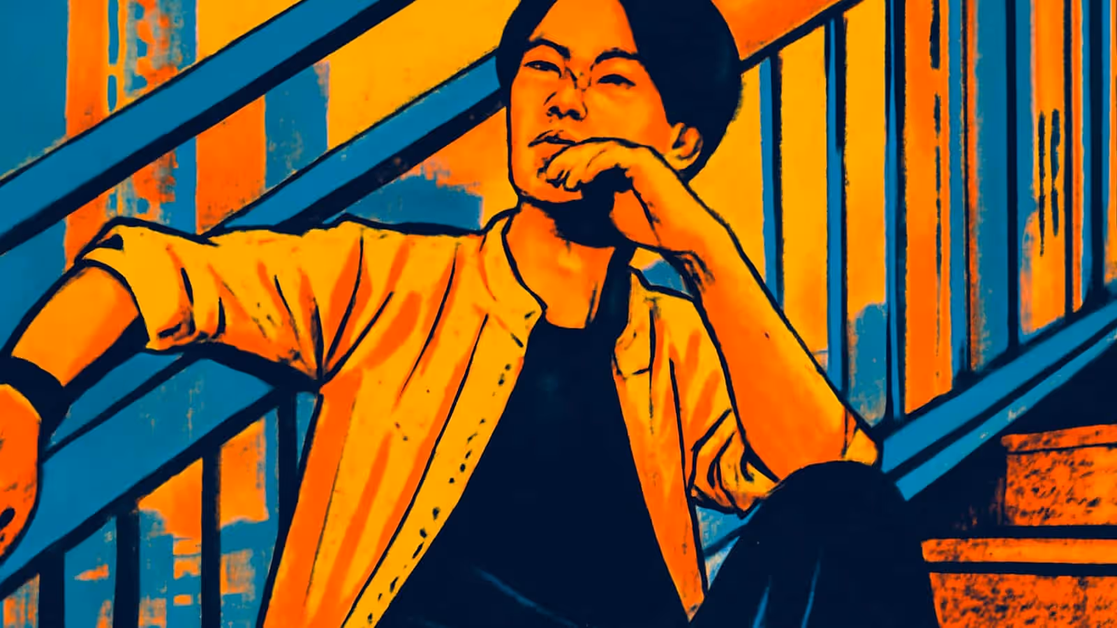 Pop-art illustration of a person sitting on outdoor steps beside a metal railing with one hand raised to their mouth.