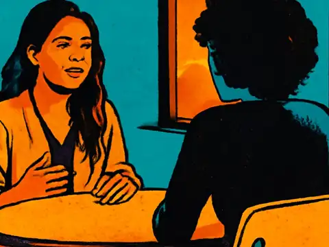 Pop-art illustration of two people sitting across a small round table, one talking with a hand raised towards their chest.