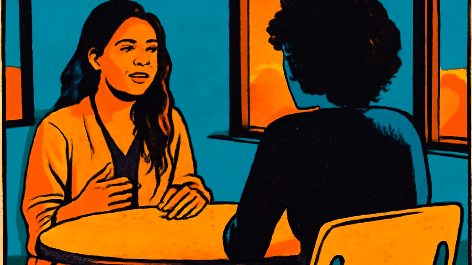 Pop-art illustration of two people sitting across a small round table, one talking with a hand raised towards their chest.