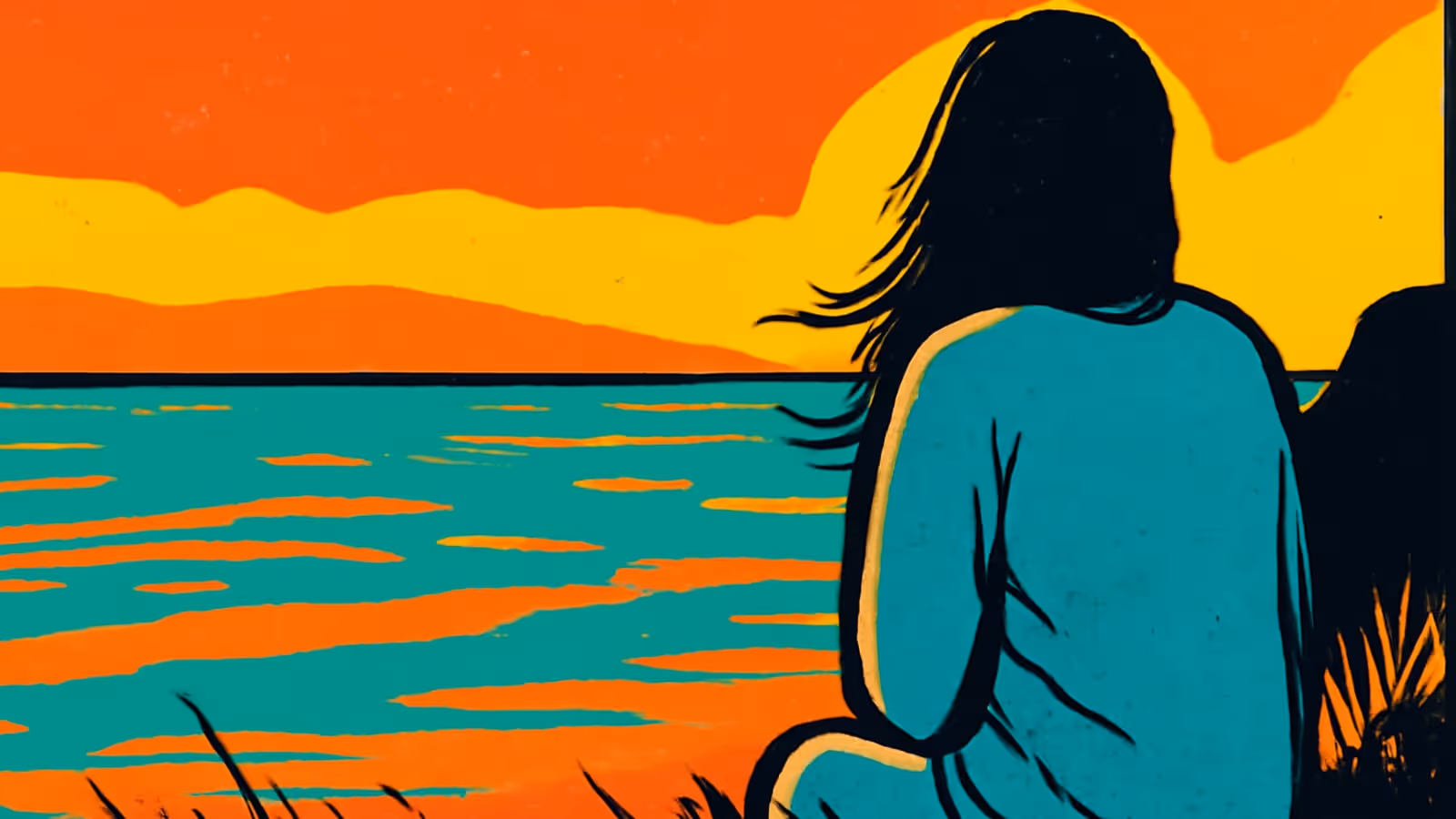 Pop-art illustration seen from behind of a person in a blue jumper sitting by water at sunset, hair blown sideways.