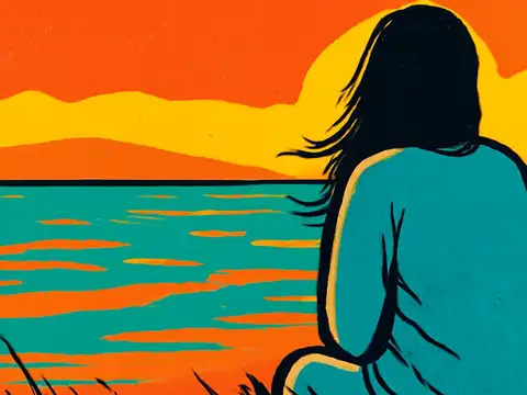 Pop-art illustration seen from behind of a person in a blue jumper sitting by water at sunset, hair blown sideways.