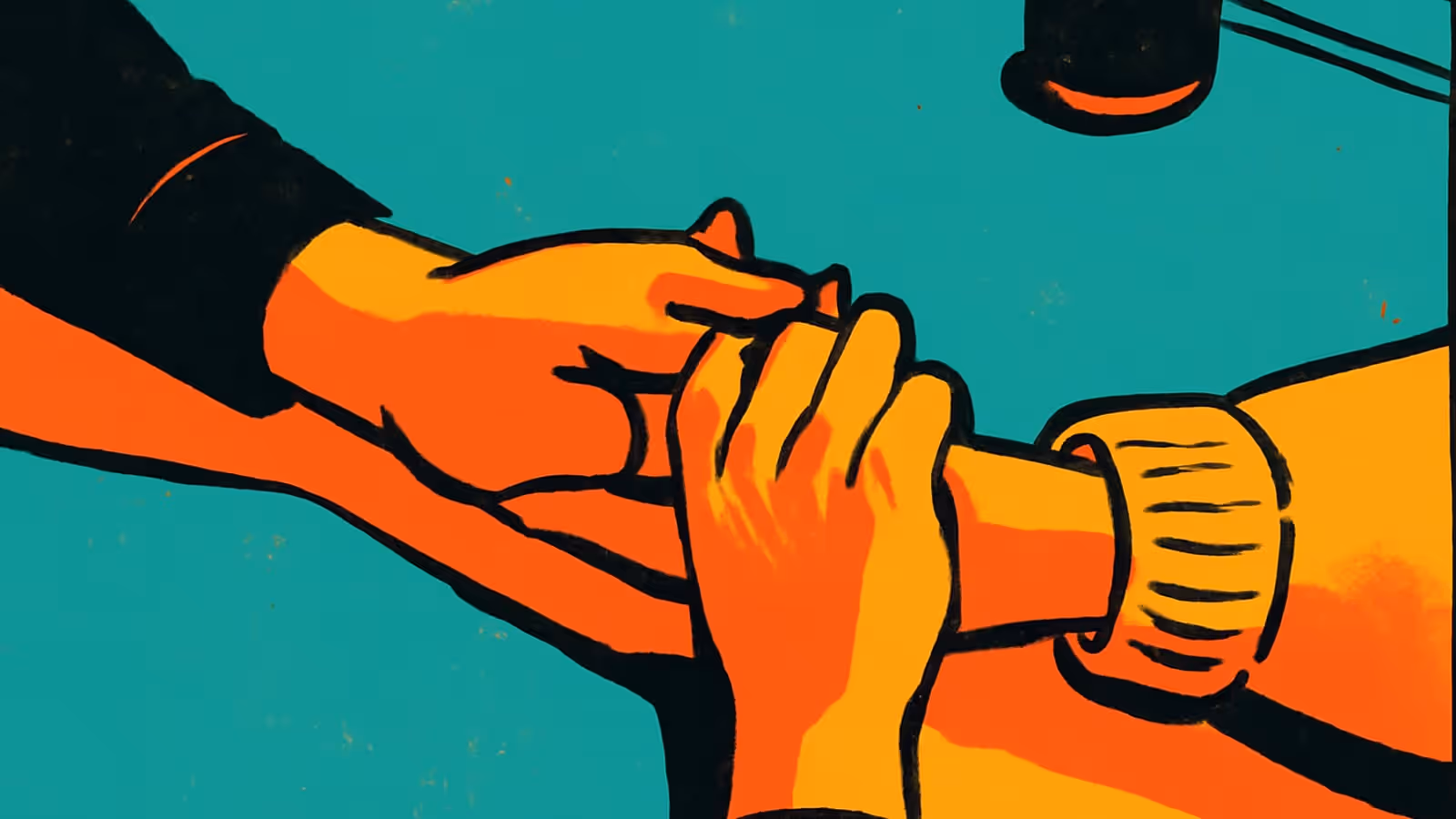 Two pairs of hands clasped together across a table, one person holding the other person’s hand in both of theirs, rendered as a flat orange, yellow and teal illustration.
