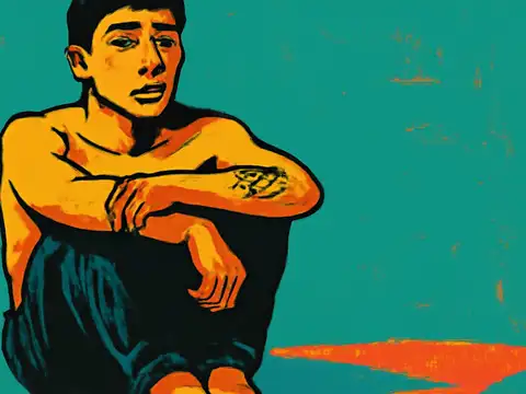 Pop-art illustration of a person sitting on the floor with their knees drawn up and their arms resting across them, looking to one side with a tense expression.