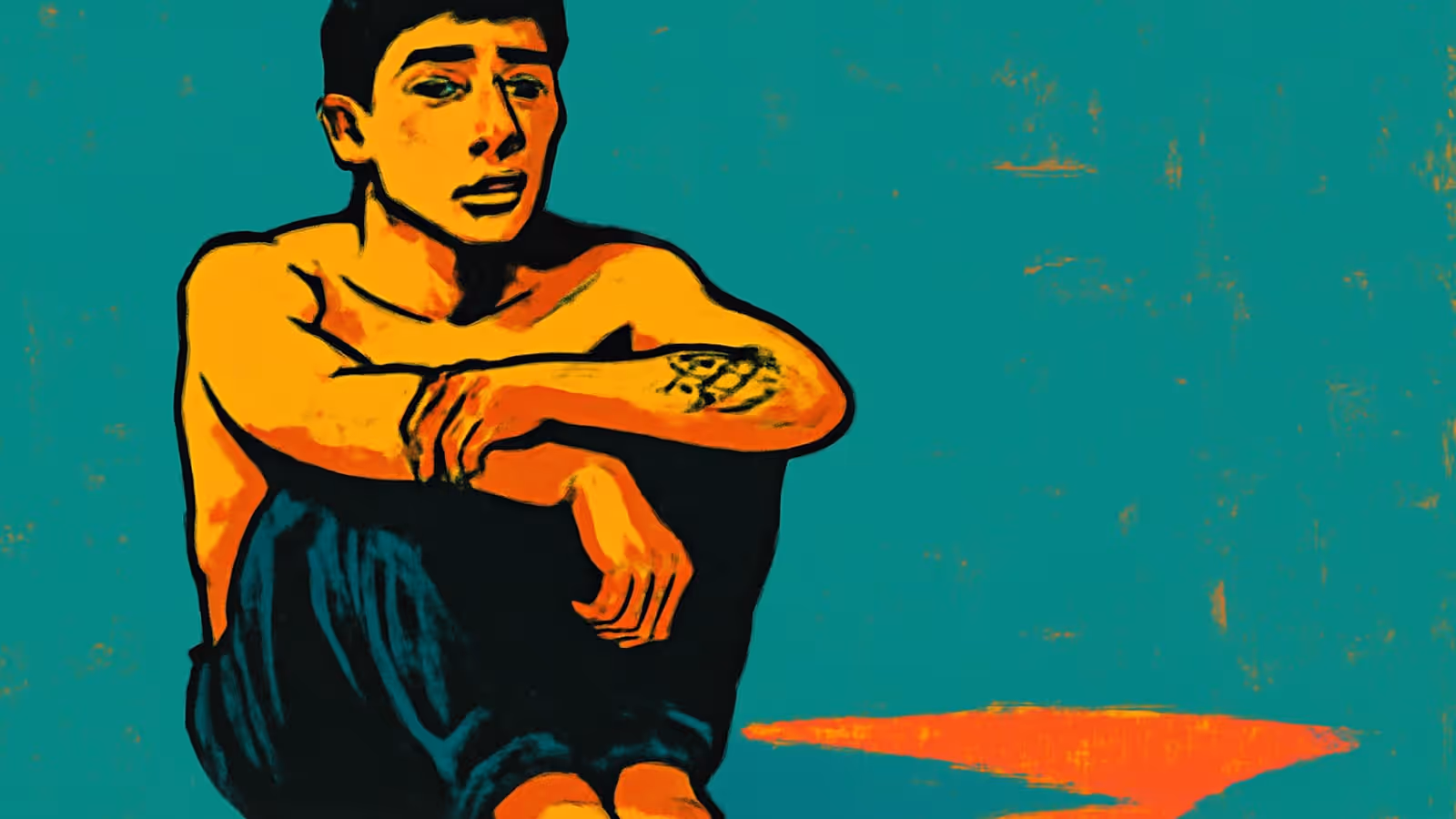 Pop-art illustration of a person sitting on the floor with their knees drawn up and their arms resting across them, looking to one side with a tense expression.