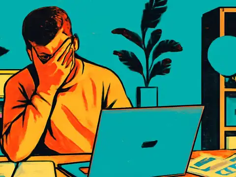 Pop-art illustration of a man at a desk behind an open laptop, dragging one hand down over his face.