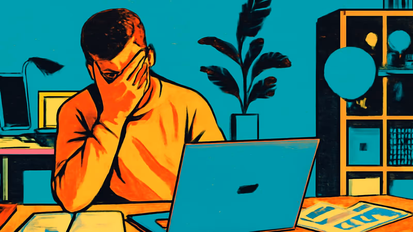 Pop-art illustration of a man at a desk behind an open laptop, dragging one hand down over his face.