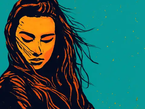Pop-art illustration of a woman with long dark hair, eyes lowered and face turned away.