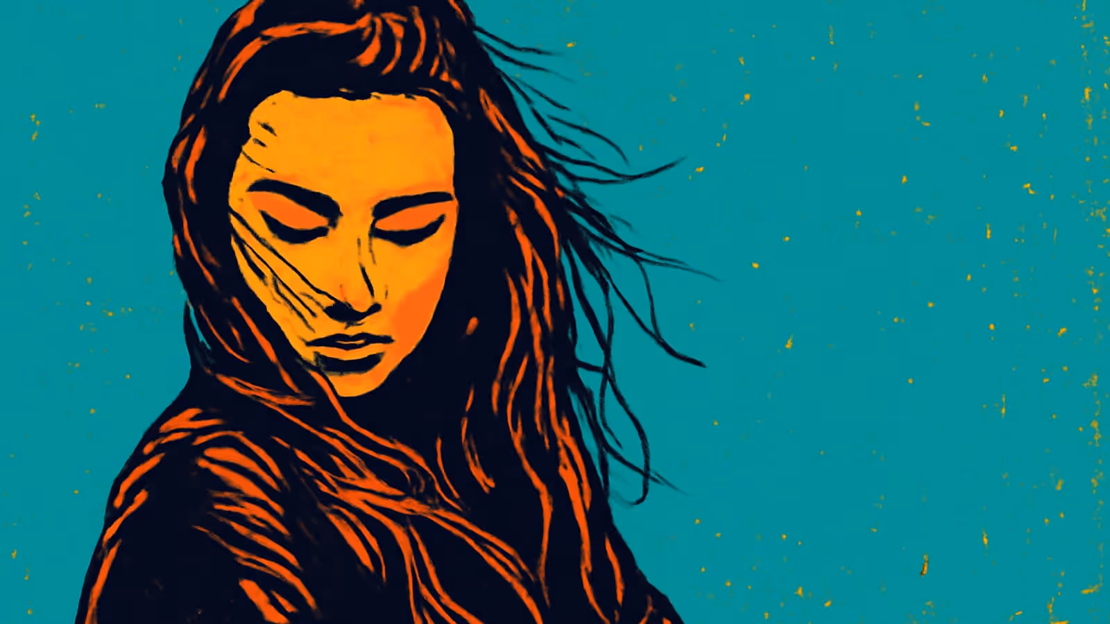 Pop-art illustration of a woman with long dark hair, eyes lowered and face turned away.
