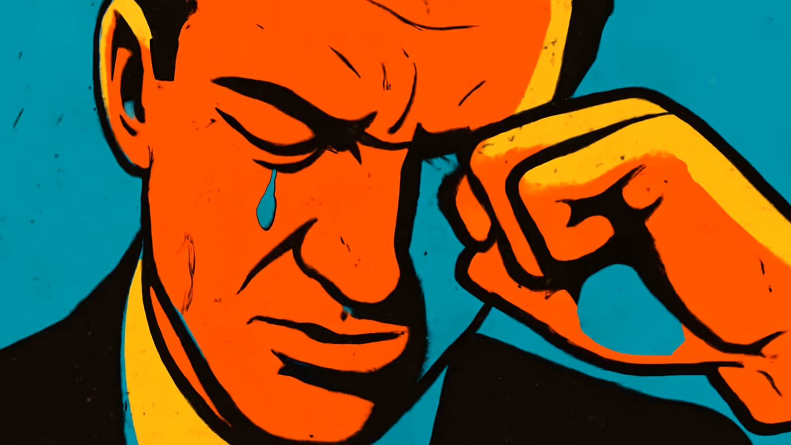 A close-up of a person with their eyes closed and brow furrowed, one hand raised to their temple and a single tear on their cheek, rendered as a flat orange, yellow and teal illustration.