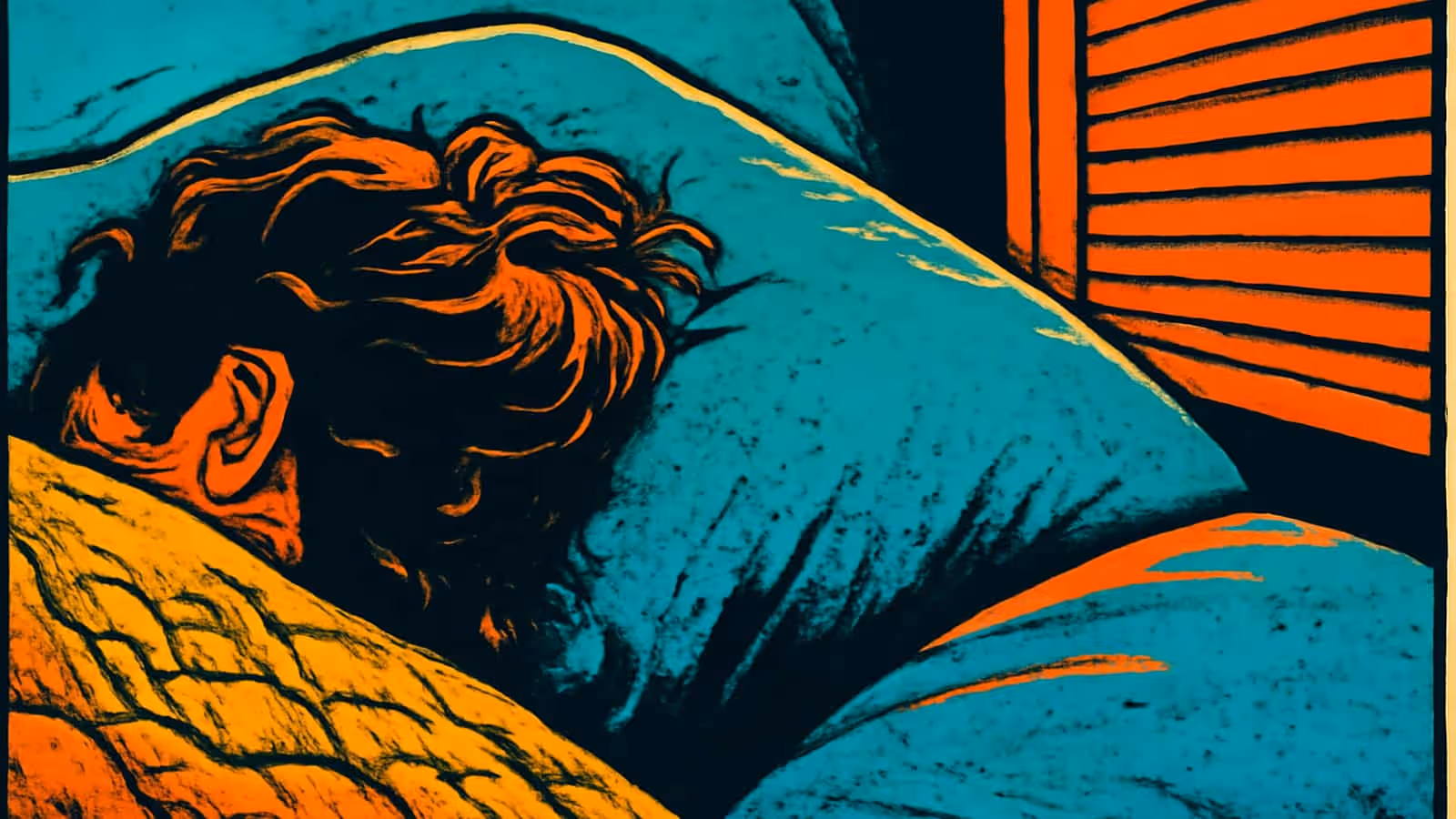 Pop-art illustration of a person lying in bed on their side with their eyes closed, seen close up against a pillow.