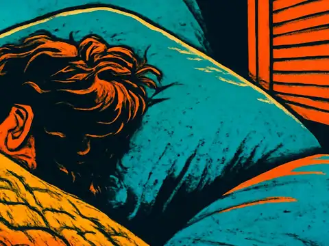 Pop-art illustration of a person lying in bed on their side with their eyes closed, seen close up against a pillow.