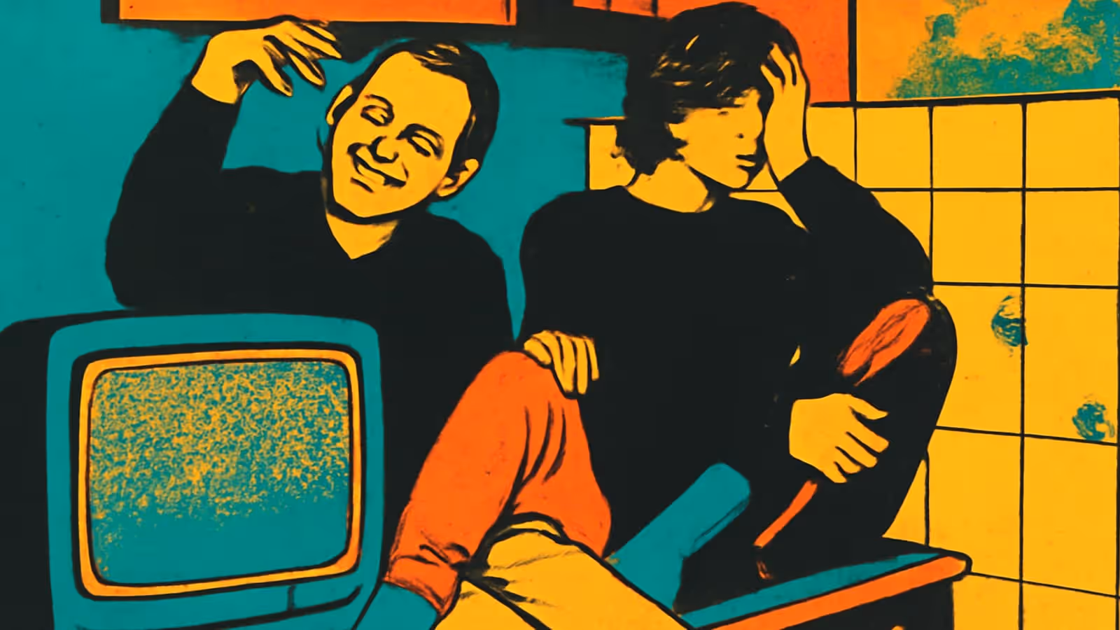 Two people sitting side by side against a tiled wall, one smiling with a hand raised to their head, beside a boxy old television showing static, rendered as a flat orange and teal illustration.