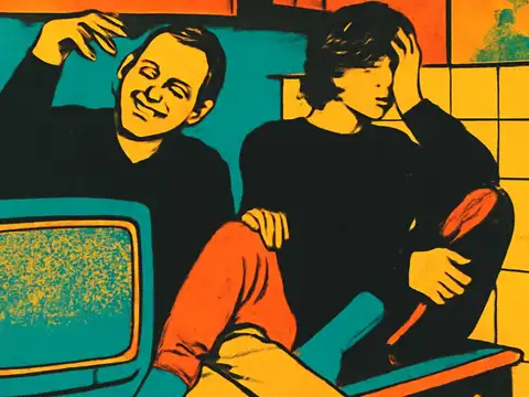 Two people sitting side by side against a tiled wall, one smiling with a hand raised to their head, beside a boxy old television showing static, rendered as a flat orange and teal illustration.