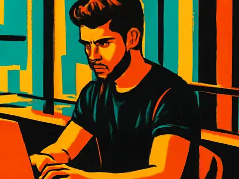 Pop-art illustration of a person at a laptop by a window, hands on the keyboard, looking past the screen rather than at it.