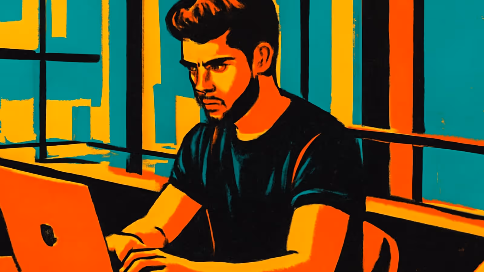 Pop-art illustration of a person at a laptop by a window, hands on the keyboard, looking past the screen rather than at it.
