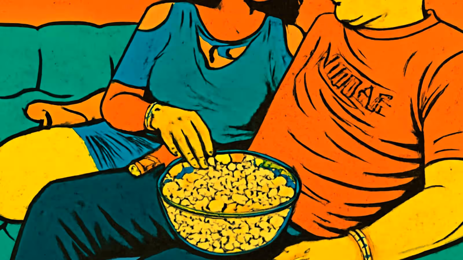 Two people sitting side by side on a sofa sharing a large bowl of popcorn, seen from the shoulders down, rendered as a flat orange and teal illustration.