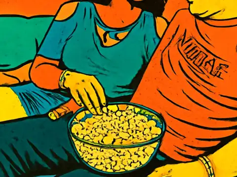 Two people sitting side by side on a sofa sharing a large bowl of popcorn, seen from the shoulders down, rendered as a flat orange and teal illustration.