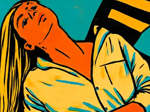 Pop-art illustration of a person lying back on a sofa with their eyes closed and their arms folded across their chest.