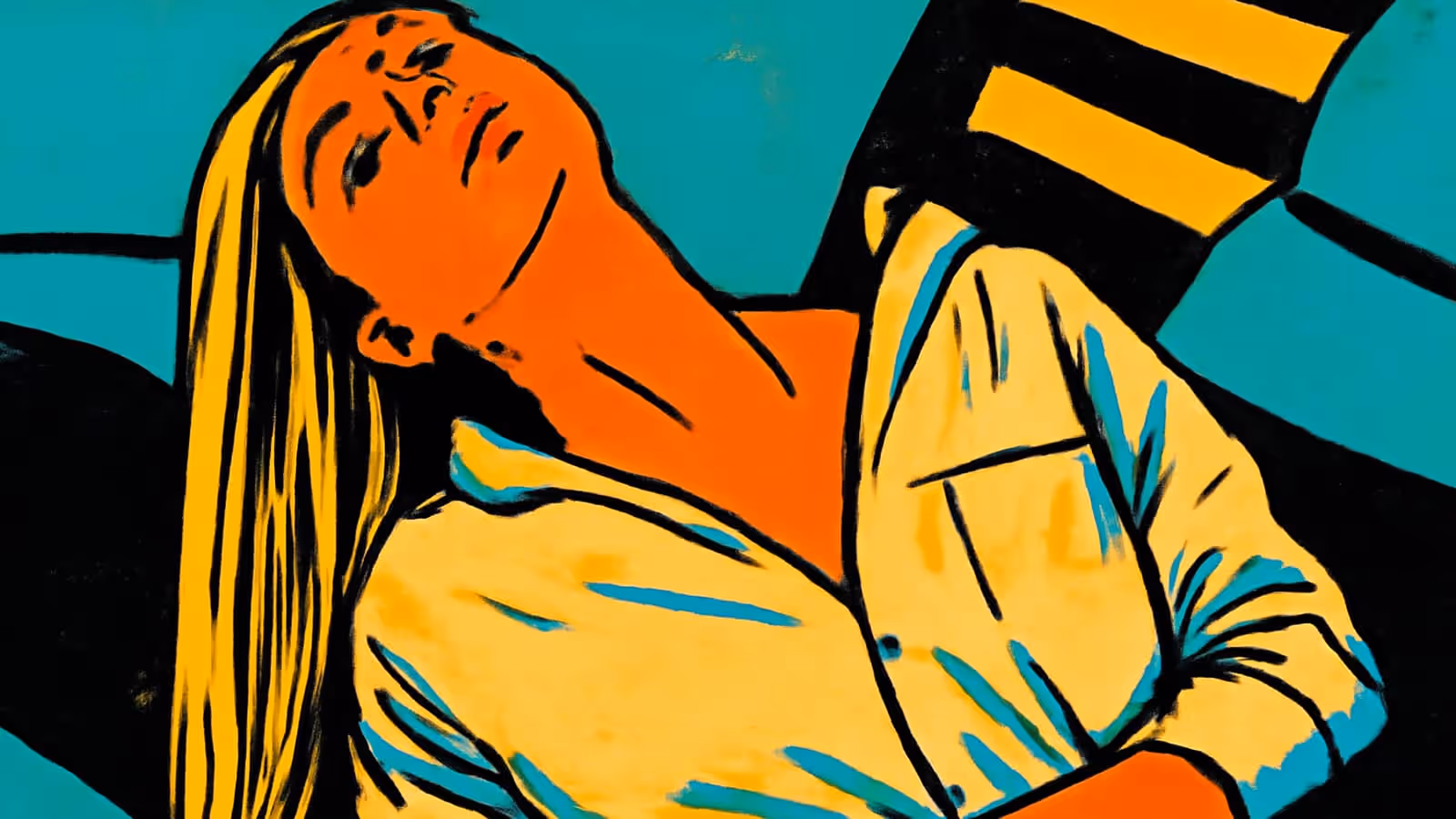 Pop-art illustration of a person lying back on a sofa with their eyes closed and their arms folded across their chest.