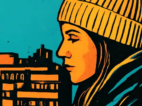 A woman in a ribbed knitted hat seen in profile against a background of city buildings, looking downward, rendered as a flat orange and teal illustration.